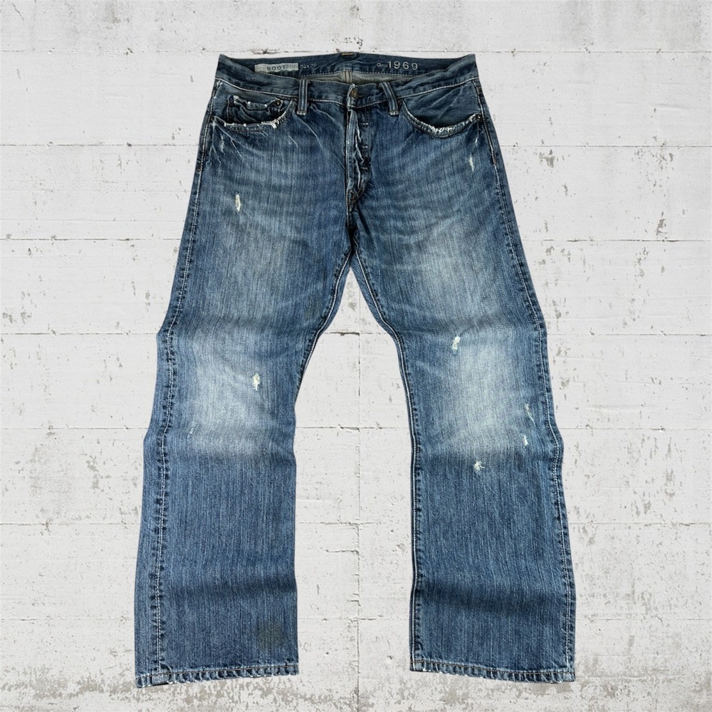 Y2K Gap 1969 Bootcut Jeans Mens 33x30 Blue Distressed Denim Button Fly Baggy Emo
